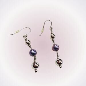 Silver Bead and Blue Pearl Drop Earrings | Sz OS